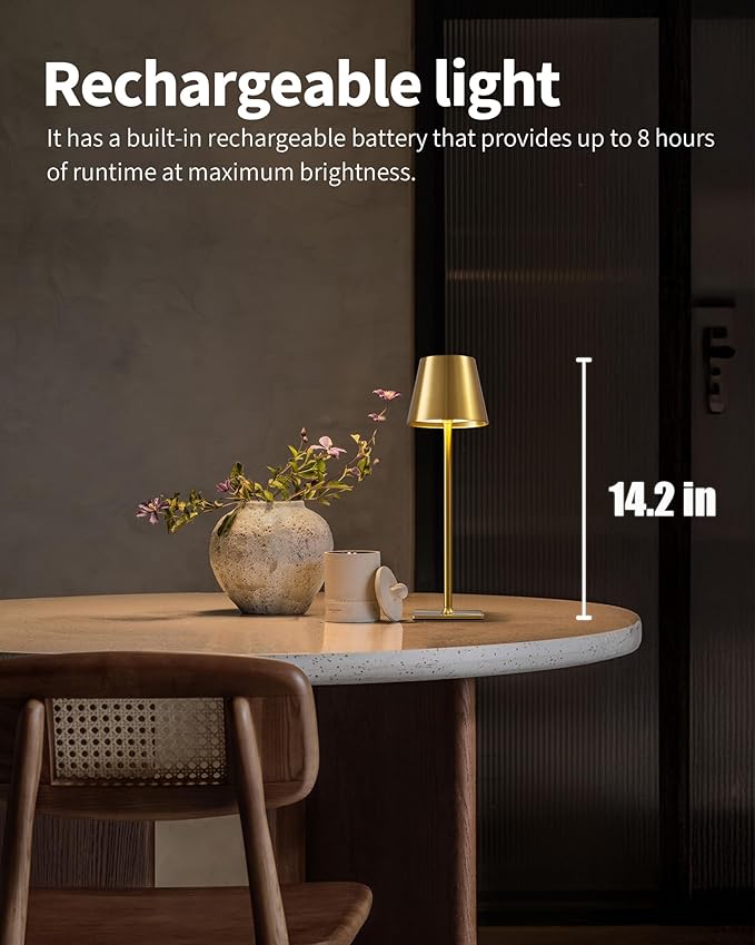 KDG 2 Pack Cordless Table Lamp,Portable LED Desk Lamp, 4000mAh Battery Operated, 3 Color Stepless Dimming Up, for Restaurant/Bedroom/Bars/Outdoor Party/Camping/Coffee Shop Night Light(Gold)