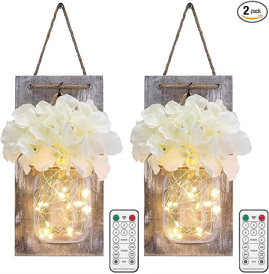 Lightess Mason Jar Wall Lights with Remote Control, Rustic Bedroom Wall Decor, Hanging Battery Powered Jar Sconce with LED Fairy Lights for Farmhouse Decor, SYA11 (Set of 2)