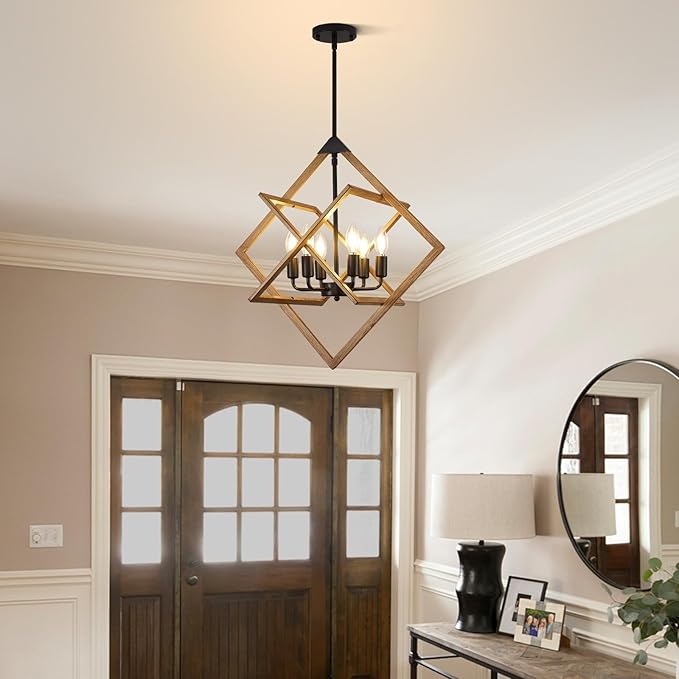 Modern Chandelier for Dining Room (24",6-Light), No Assembly Required Wood Grain Dining Room Light Fixture Over Table, Industrial Hanging Pendant Lights Fixture for Kitchen Island, Entryway, Foyer