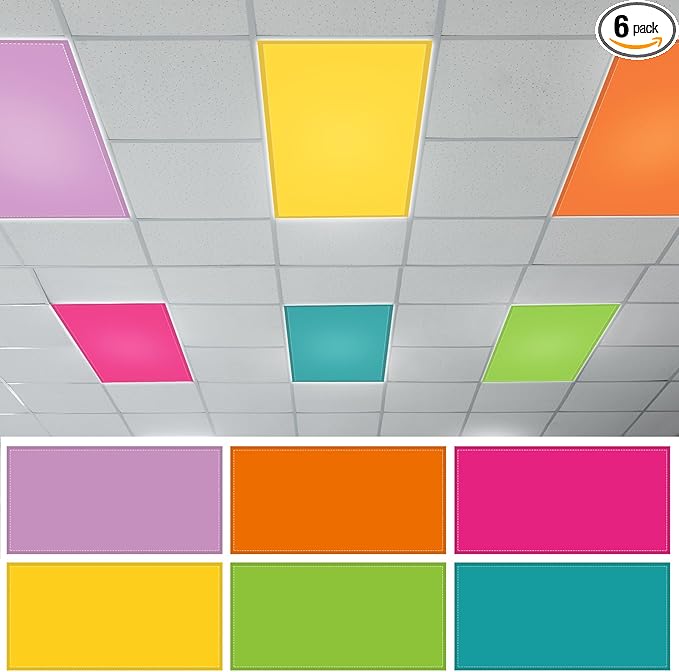 QOUBAI 6PCS Fluorescent Light Covers, 4x2 Feet Magnetic Light Cover Fluorescent Lights Shade Panel Positive Inspirational Ceiling Lights Filters for Office Classroom Home Drop Ceiling Bright Color