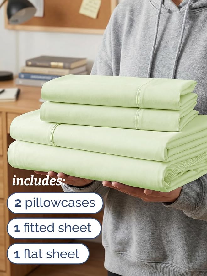 Twin XL 4 Piece Sheet Set - Comfy Breathable & Cooling - Ultra Soft Hotel Luxury Bedding Set w/ 8-16 Inch Deep Pockets - 1 Flat & 1 Fitted Sheet & 2 Pillowcases - Wrinkle Free & Easy Care - Light Sage