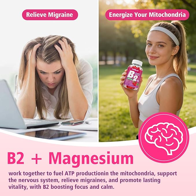 Paquet de Gommes de Vitamine B2 400mg | Supplément de Riboflavine avec Magnésium pour Enfants et Adultes, Gommes B2 pour le Soulagement de la Migraine, la Santé du Système Nerveux et de la Peau, Végétalien, Sans Sucre, Saveur Framboise, 120 Unités
