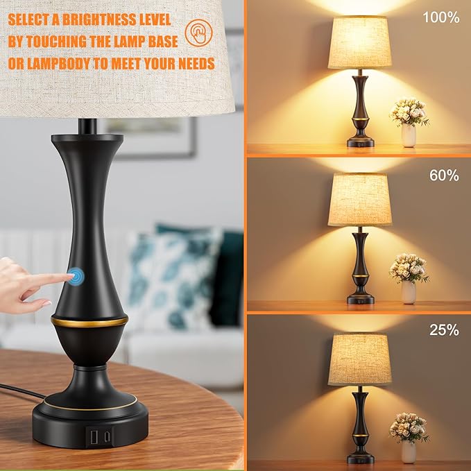 Seealle Upgraded Touch Lamps for Night Stands Set of 2 - Bedside Lamps with USB C+A, 3 Way Dimmable for Bedroom Living Room End Tables Office (Tall Beige&Black)