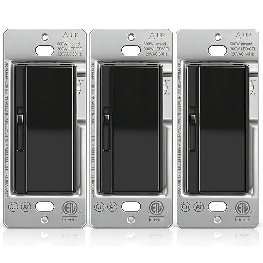 BESTTEN 3 Pack Slide Dimmer Light Switch, Quiet Rocker, Super Slim Single Pole or 3 Way Dimmable Switch, Max 300W LED, CFL, 600W Incandescent, ETL Listed, Black