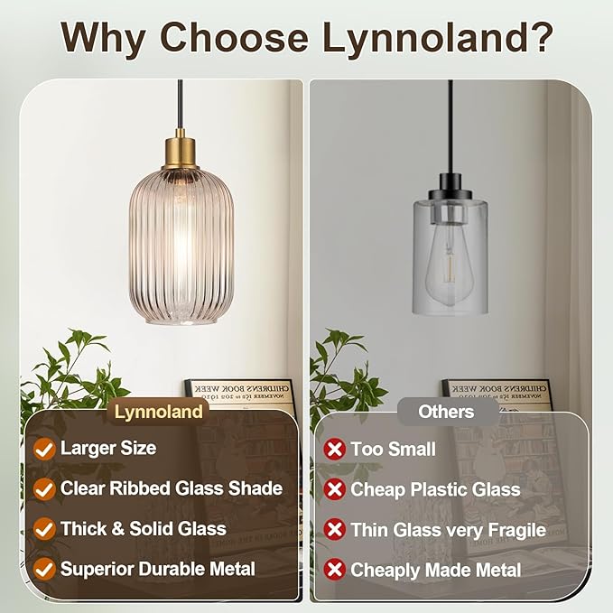 2 Pack 11"-70" Height Adjustable Clear Cylinder Pendant Lights Kitchen Island with Ribbed Lampshade, Brushed Gold Hanging Light Fixture, Pendant Lighting for Kitchen Island (Bulbs Not Included)