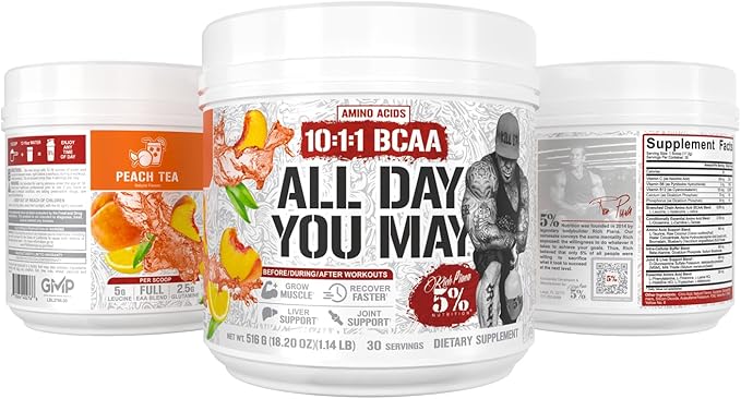 5% Nutrition Rich Piana AllDayYouMay BCAA Powder Premium Intra & Post Workout Amino Acids, Hydration, Endurance, Muscle Recovery, Joint & Liver | 18.2 oz, 30 Srvgs (Peach Tea)