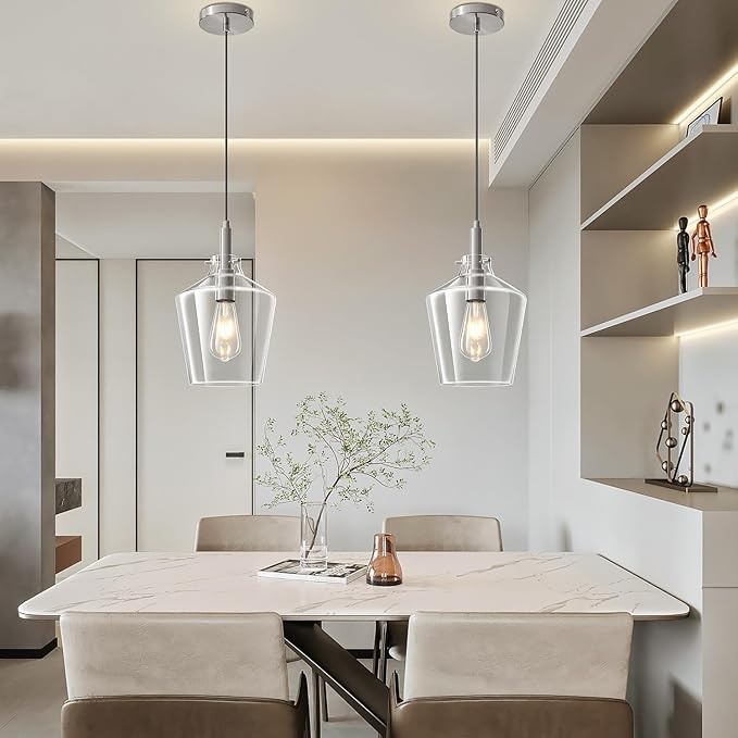 Modern Glass Pendant Lighting for Kitchen Island, Farmhouse Nickel Pendant Light Fixtures 1 Pack, Adjustable Hanging Ceiling Light Angled Clear Glass Shades 8 Inch