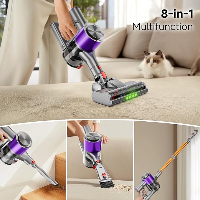 Cordless Stick Vacuum Cleaner, 40Kpa Powerful Suction Vacuum Cleaner with LED Headlight, Detachable Battery, 8-in-1 Lightweight Handheld Vacuums for Pet Hair Carpet and Hardwood Floor, Purple