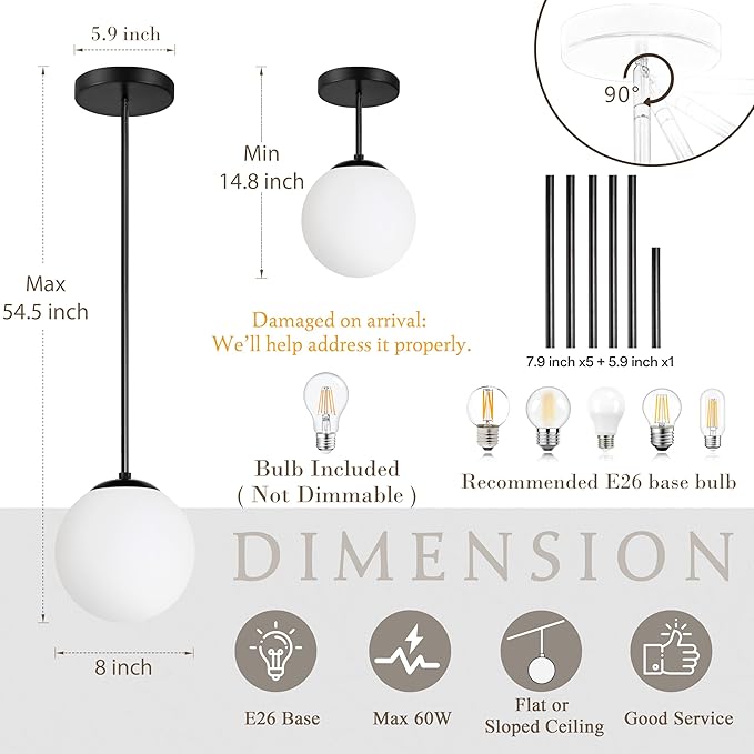 Bagood 8" Globe Pendant Light Black 2 Pack Mid Century Pendant Light Globe Pendant Lights Kitchen Island Matte Black Finished with Milk Glass Adjustable Ceiling Light Fixtures for Dining Room Bar