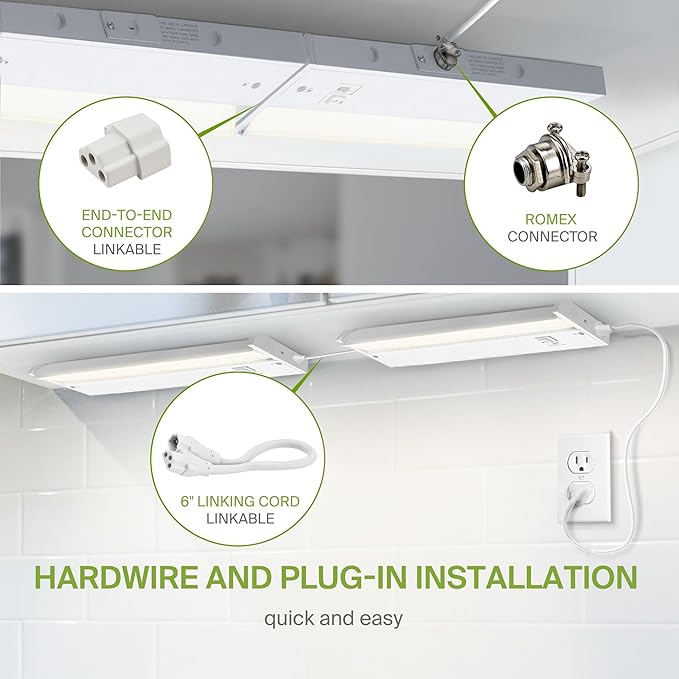 ASD Swivel LED Under Cabinet Lighting Plug in or Hardwired 18 Inch, Dimmable Under Cabinet Lights with High/Low/Off Switch, 3CCT 2700K-4000K, Linkable Under Counter Lights for Kitchen, White, ETL