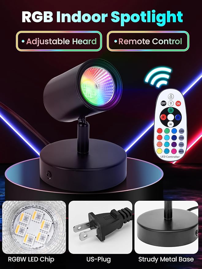 RGBW Indoor Spotlight 10W LED Color Changing Spotlight with Remote, 120V Christmas Up Lights Accent Spot Light with Foot Switch for Plant Halloween Party Decor, 5FT Code, 2Pack