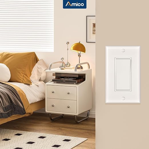 Amico 1 Pack Single Pole Light Switch with Wall Plate, UL Listed, 15A 120/277V, On/Off Rocker Paddle Interrupter Wall Switch, Grounding Screw, Residential Grade, Suitable for Home and Business, White