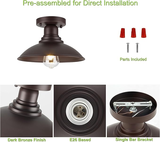 GOLDHILL 10.5" Oil Rubbed Bronze Semi Flush Mount Ceiling Light, Rust-Resistant Powder Coated Metal Barn Fixture for Kitchen, Covered Porch & Patio, Damp Rated