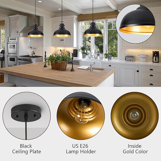 Refice 1 Pack Farmhouse Pendant Lights Black Pendant Lighting for Kitchen Island Adjustable Height Dome Hanging Lights for Barn, Dining Room