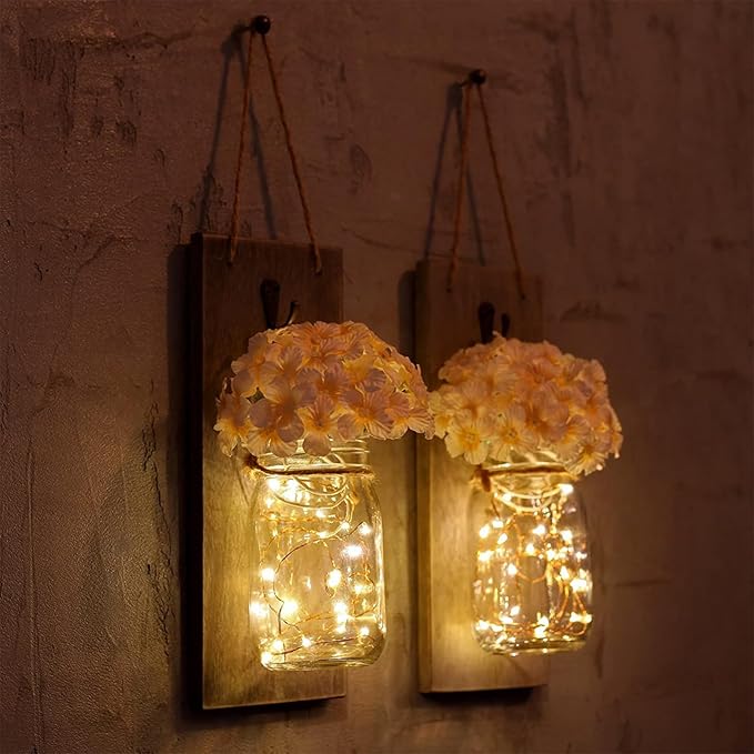 Anount Mason Jar Sconces,Besuerte Rustic Wall Decor Set of Two,LED String Lights for Modern Living Room, Home Decor Living Room Wall Art, 6 Hour Timer Set of 2 Grey (11" H x 4.3" W)