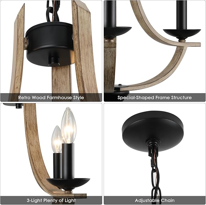 LAMPKEDUO Farmhouse Chandelier for Dining Room 3-Light 19" Wide Adjustable Kitchen Island Pendant Lighting, Rustic Hanging Light Fixture for Entryway Foyer Bedroom Living Room,