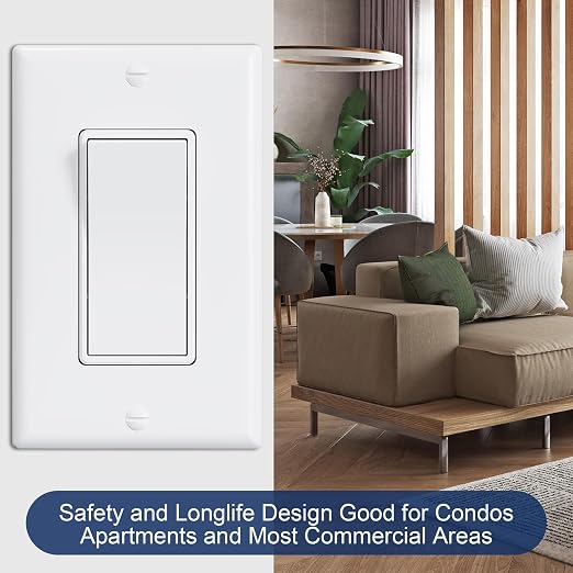 ThunderWay Quiet Single Pole Decorator Wall Light Switch with Wall Plate, 15A 120V/277V, On/Off Paddle Switch, Residential Grade - UL Listed, White (10)