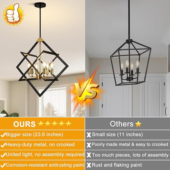 24" Modern Black and Gold Chandelier, No Assembly Required 6-Light Dining Room Light Fixture Over Table, Industrial Metal Hanging Pendant Lights Fixture for Kitchen Island, Entryway, Foyer