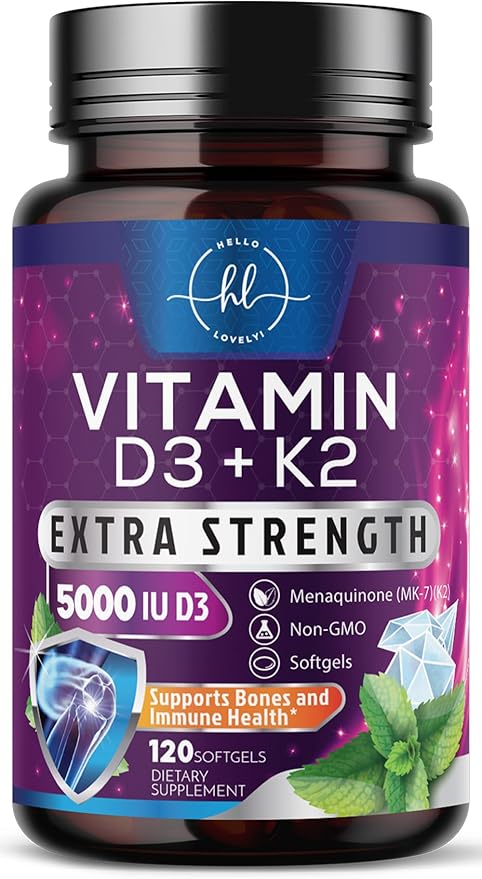 Vitamin D3 K2 5000 IU Plus with K2 (MK-7) 100 mcg - Vitamins D & K Complex Supplement for Bone, Teeth, Muscle, Calcium Absorption, Supports Immune & Heart Health, Non-GMO, Oil Formula - 120 Softgels