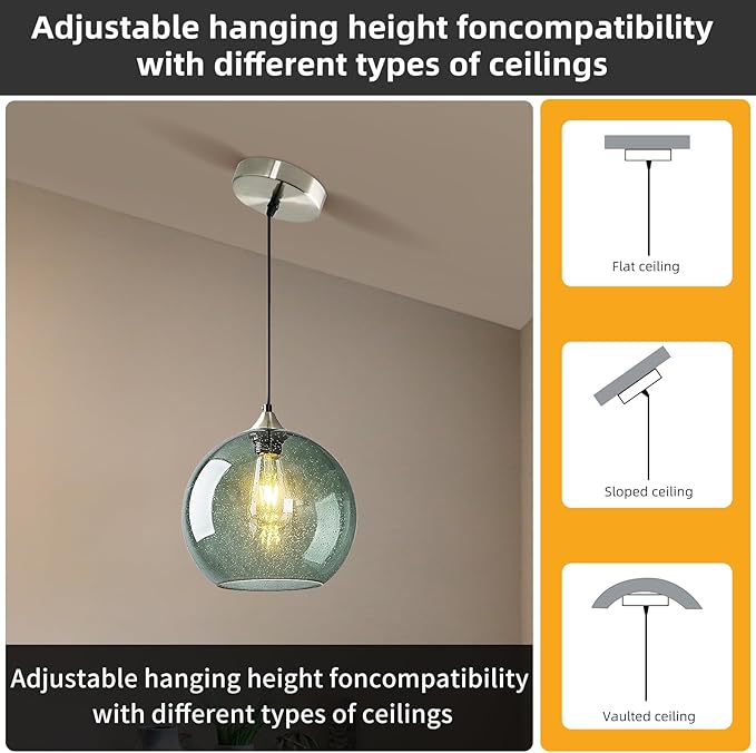 Mikeru Glass Globe Pendant Light Single, 5.9 Inch Gray Green Bubble Glass Hanging Lamp, Mid Century Modern Pendant Lighting for Kitchen Island Dining Room Bedroom (Bulb Not Included)