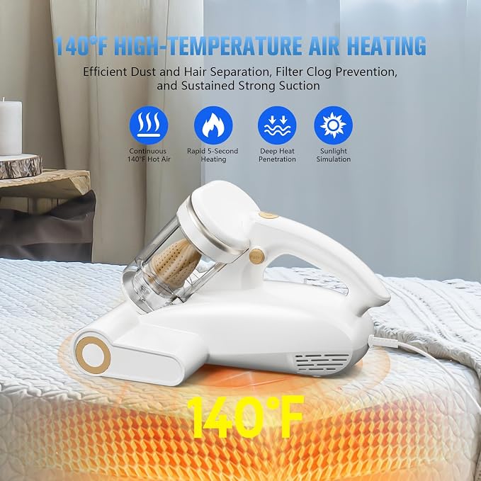 Bed Vacuum Cleaner Mattress Vacuum Cleaner,16Kpa Powerful Handheld Vacuums with UV-C Light & Double Dust Cup & High Heating & Ultrasonic & HEPA Filter for Bed Sofa(Corded,Silver White)