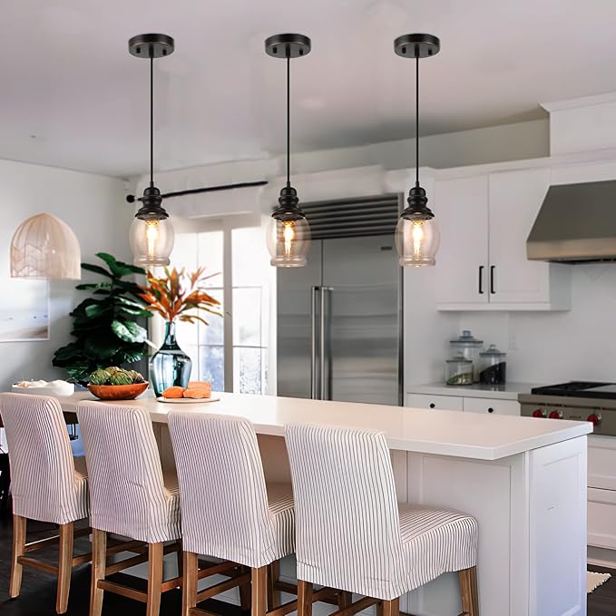 WILON Pendant Lights for Kitchen Island, Seeded Glass Mini Pendant Light Fixtures Farmhouse Pendant Lighting Metal Black Pendant Light Over Kitchen Island Sink Dining Table