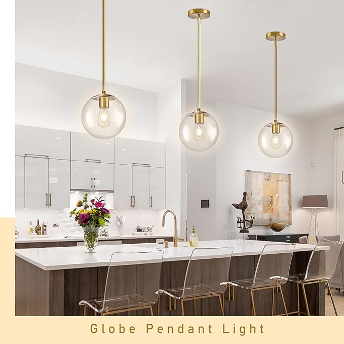 Bagood 10" Globe Pendant Light Gold 2 Pack Mid Century Pendant Light Globe Pendant Lights Kitchen Island Brushed Brass Finished with Clear Glass Adjustable Ceiling Light Fixtures for Dining Room Bar