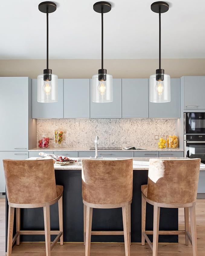 2 Pack Brown and Gold Pendant Lights for Kitchen Island, Modern Brown Hanging Light with Clear Glass Shade, Adjustable Metal Rod Pendant Lighting for Dining Room, Bar, Living Room