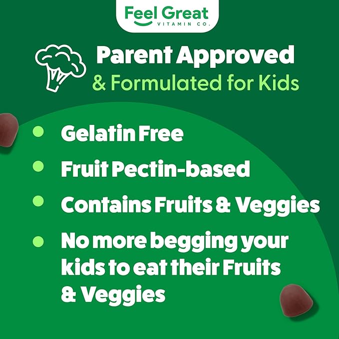 Feel Great Super Green Gummies pour enfants | Bonbons gélifiés aux fruits et légumes | Multivitamine gélifiée végétalienne pour enfants | Supplément de fibres végétales | 60 unités