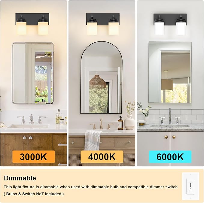 IZORRO Bathroom Vanity Light Fixture, 2-Light 15 Inch Matte Black Bathroom Light Fixtures Over Mirror, with White Glass Shade, Modern Farmhouse Vanity Lights, Rustic Restroom Lighting Fixtures