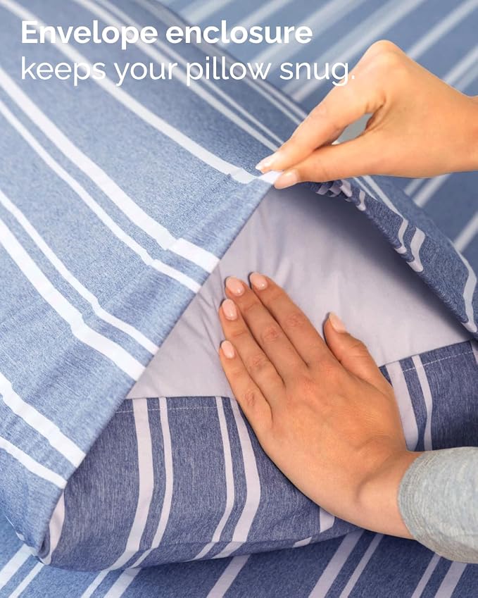 Twin 4 Piece Sheet Set - Comfy Breathable & Cooling - Soft Hotel Luxury Bedding Set with 8-16 Inch Deep Pockets - 1 Flat & 1 Fitted Sheet & 2 Pillowcases - Wrinkle Free & Easy Care - Blue Stripes 3