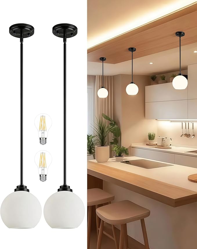 Majade Globe Pendant Lights Mid Century Modern Kitchen Island Pendant Light Fixtures 7.4 Inch Black Brass Pendant Lighting with Milk Glass Adjustable Hanging Light Fixtures for Dining Room(2 Pack)