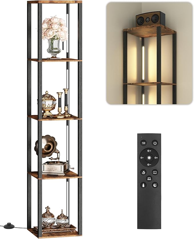 64.2" Display Shelf with Light, Modern Corner Floor Lampe with Shelves, LED Dimmable Standing Lamp with Remote for Living Room, Bedroom, Office, Adjustable CCT, Rustic Brown Square F51LD05