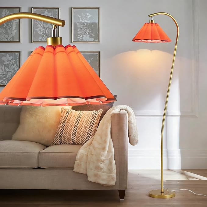 Floor Lamp with Pleated Linen Lampshade, Modern Flower Floor Lamp for Living Room Arc Standing Lamp, Gold Tall Lamp for Bedroom Office Dining Room, Bulb Included (Gold + Orange Color, 66.1IN)