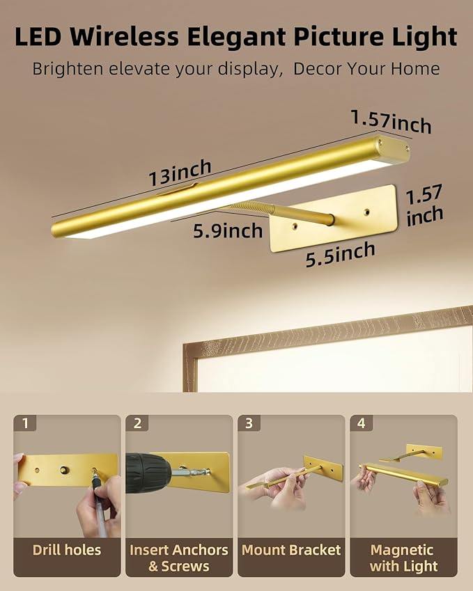 EZVALO Picture Light for Wall, 4800mAh Rechargeable Wireless Remote, 13'' Dimmable Magnetic LED Art Display Light with 3 Color Temperatures, for Gallery, Living Room, Bedroom, Hallway (Gold)