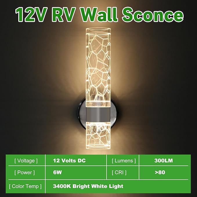LED 12V RV Wall Sconce with Switch, Decorative Wall Mounted RV Reading Lights, 3400K Warm White Light, 6W 300LM Interior Lighting for RV Motorhome Camper Trailer