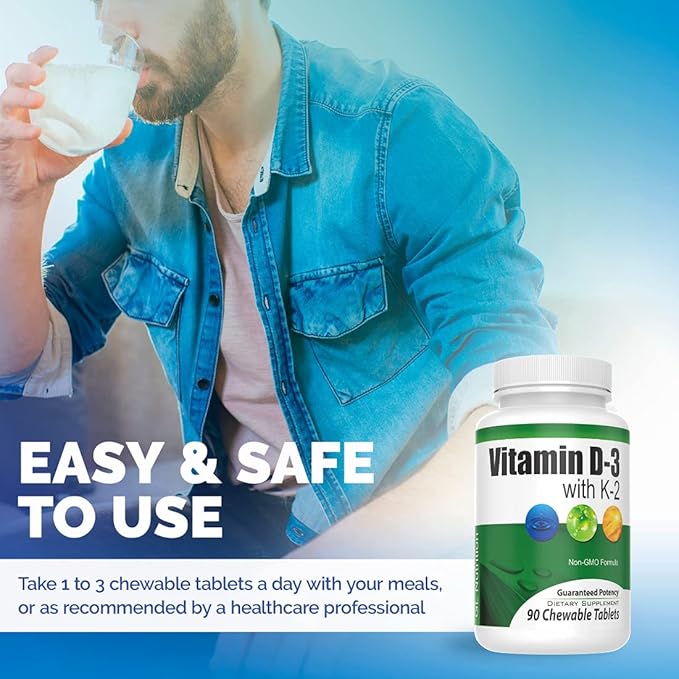 Complément de Vitamine D3 et Vitamine K2 à croquer pour Hommes et Femmes, 90 comprimés à croquer