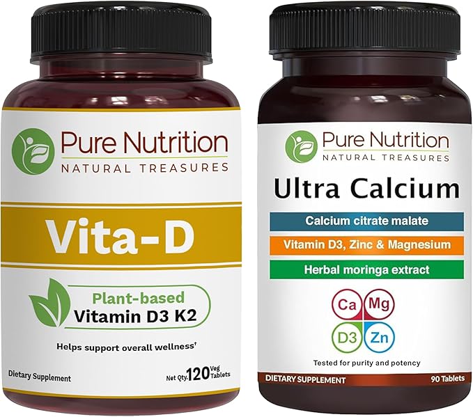 Pure Nutrition Vitamin D3 K2 + Cal-D Plant-Based Calcium | Vegan D3 from Lichen | Bundle Pack