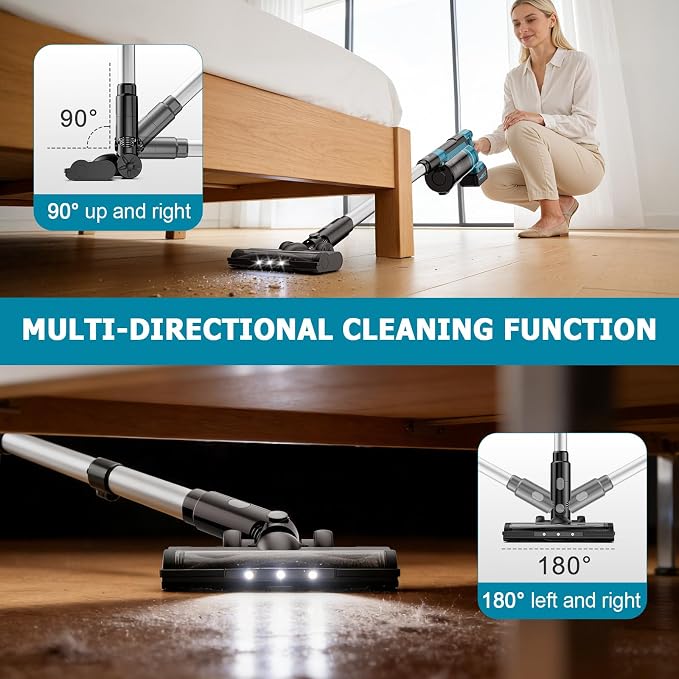 Cordless Vacuum Cleaner, 700W 60KPa Portable Stick Vacuum with 3 Modes, 2x4.0Ah Batteries, 6 in 1 Stick Vacuum Cleaner, Brushless Motor, 2L Dust Cup for Floor, Carpet, Car