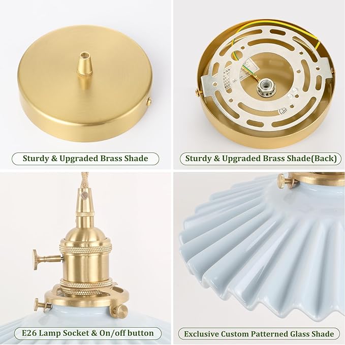 Shenmoyl Pendant Light with Blue Pleated Ceramic Lmapshade, Brass Vintage Pendant Light Adjustable Hanging Light for Kitchen Island Dining Room Hallway
