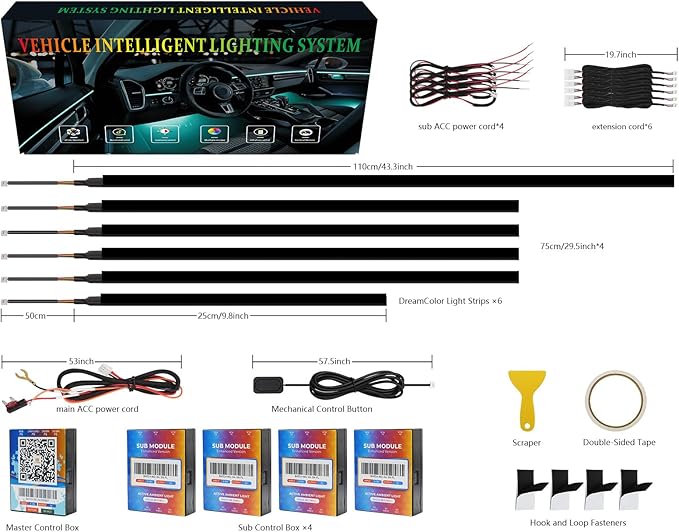 Dreamcolor Acrylic Interior Car Lights 6 in 1 RGB LED Strip Lights with APP Control 252 Color Modes DIY Fiber Optic Ambient Lighting Kits Music Car Neon Light Kits New Version