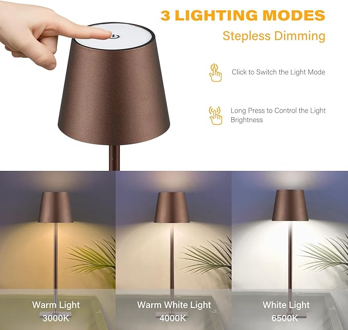 CHLORANTHUS 2 Pack Cordless Table Lamps, 3 Colors Stepless Dimming, 5000mAh Rechargeable Battery LED Desk Lamp for Bedroom/Couple Dinner/Desk/Cafe/Dining Room/Terrace