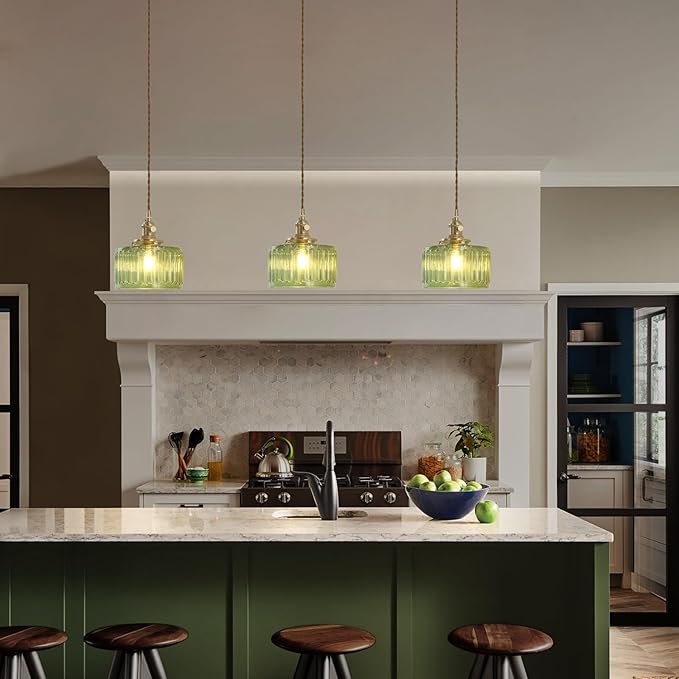 Shenmoyl Pendant Light with Green Striped Glass Lmapshade, Brass Vintage Pendant Light Adjustable Hanging Light for Kitchen Island Dining Room Hallway