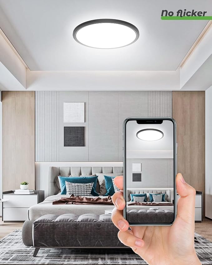 zemty Black LED Flush Mount Ceiling Light - 12 Inch 28W 3200lm LED Light Fixture, 3000k/4500k/6000K Selectable Round Flat Light Fixtures for Bedroom, Kitchen, Hallway