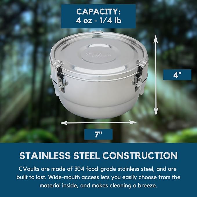 CVAULT | 1/4 lb Container | Air Tight & Light Resistant | Food Grade Stainless Steel | Includes 62% RH humidity pack
