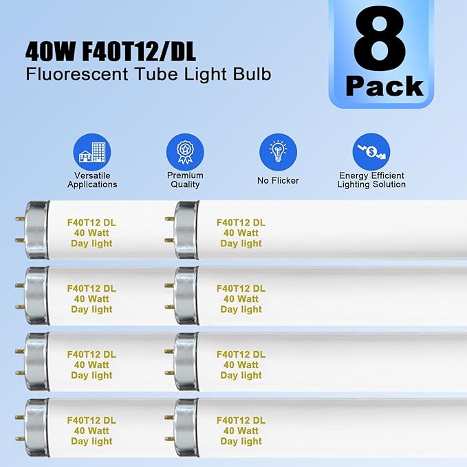 amgolibi 8-Pack 48 Inch F40T12/DL 40W 6500K Daylight Fluorescent Light Bulbs, 4ft T12 Linear Tube Lights, 2650 Lumens, G13 Bi-Pin Base, Daylight, for Workshop, Garage, Office