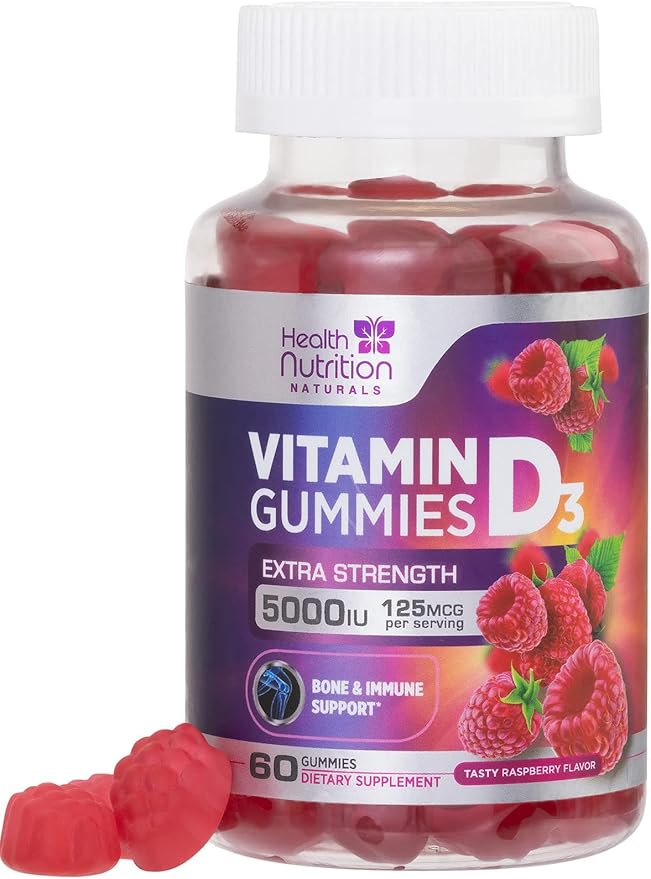 Vitamin D3 Gummies 5000 IU (125 mcg) - 3X Strength Immune Support and Bone Support, Vitamin D Gummy Dietary Supplement, Nature's Berry D Vitamin Supplement, Raspberry Flavored, Non-GMO - 60 Gummies