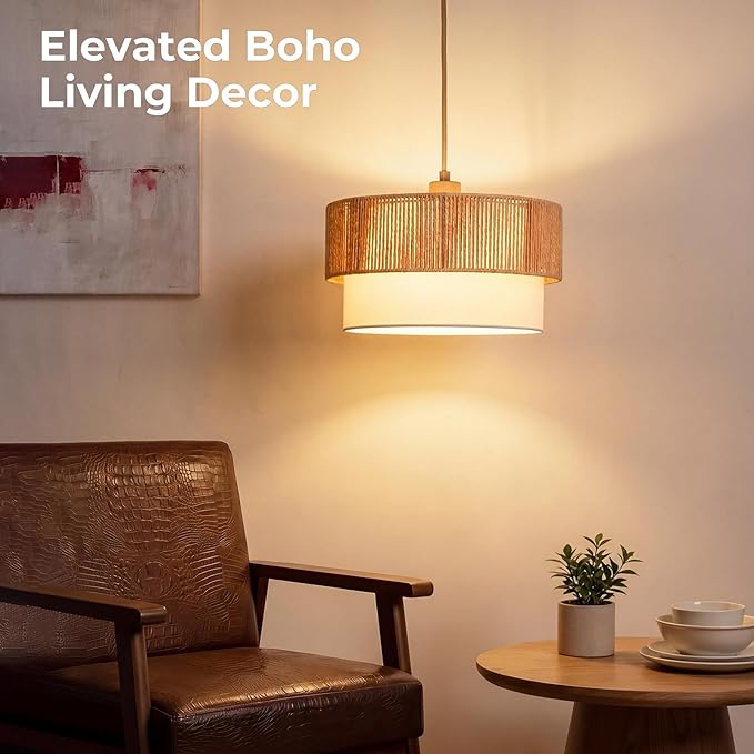 Qingmiao Boho Plug in Pendant Light, Rattan Hanging Lamp Plug in with Woven Shade, 3-Way Dimmable Hanging Light Fixture for Living Room Bedroom Kitchen Ceiling Home Decor