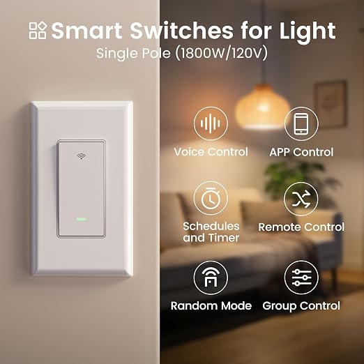 GHome Smart Switches for Lights, WiFi Smart Light Switch Works with Alexa and Google Home, Single-Pole, Neutral Wire Required, 2.4Ghz WiFi Light Switch with APP Control, No Hub Required, UL FCC Listed