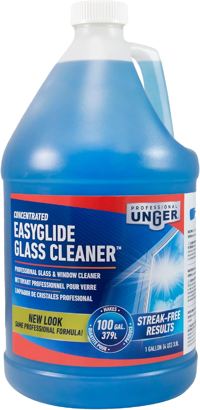 Nettoyant concentré pour vitres EasyGlide sans traces Unger Professional, 3,78 litres, sans ammoniaque, produit 378 litres de solution, sans danger pour les vitres teintées, les fenêtres à faible émissivité, les pare-brise et les miroirs